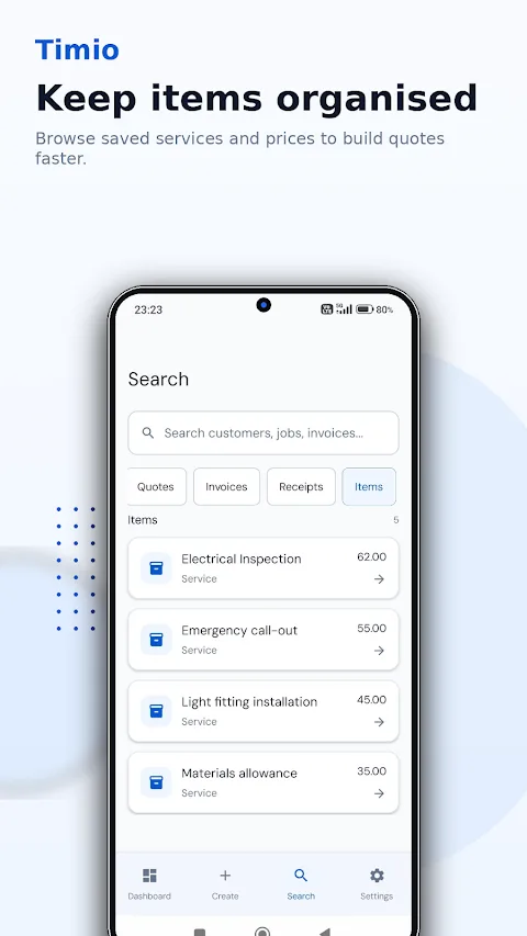 Timio search screen with reusable services and prices