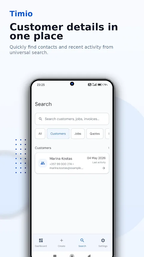 Timio customer search with contact details and activity