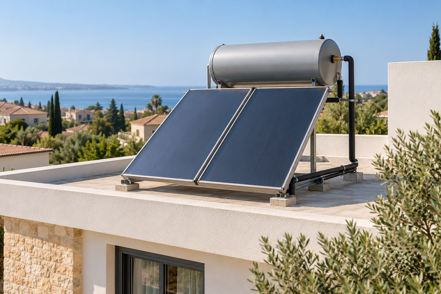 Solar thermal collectors and a hot-water tank on a residential roof