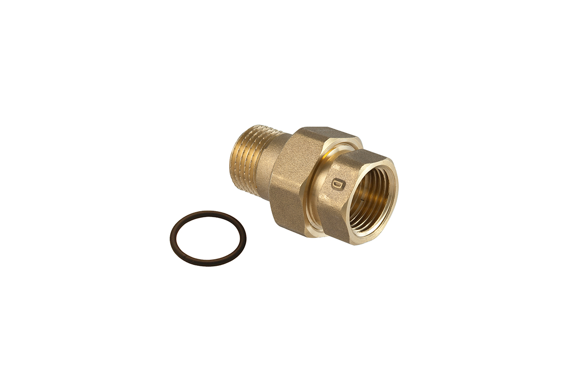 Brass straight 3 piece connector m/f with O-Ring yellow